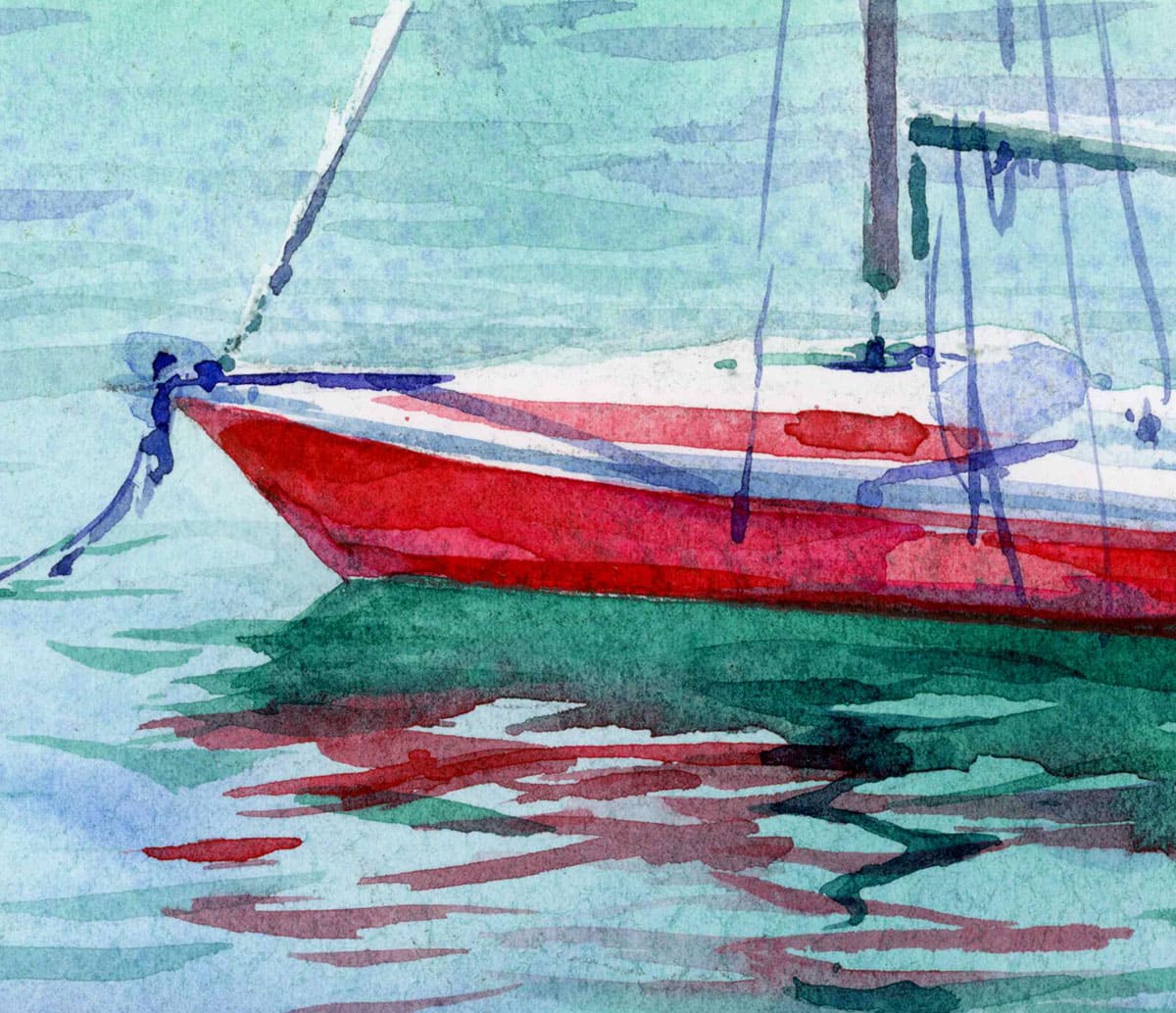 Lake Garda. Red boat. Fragment of watercolor painting. Italian landscape