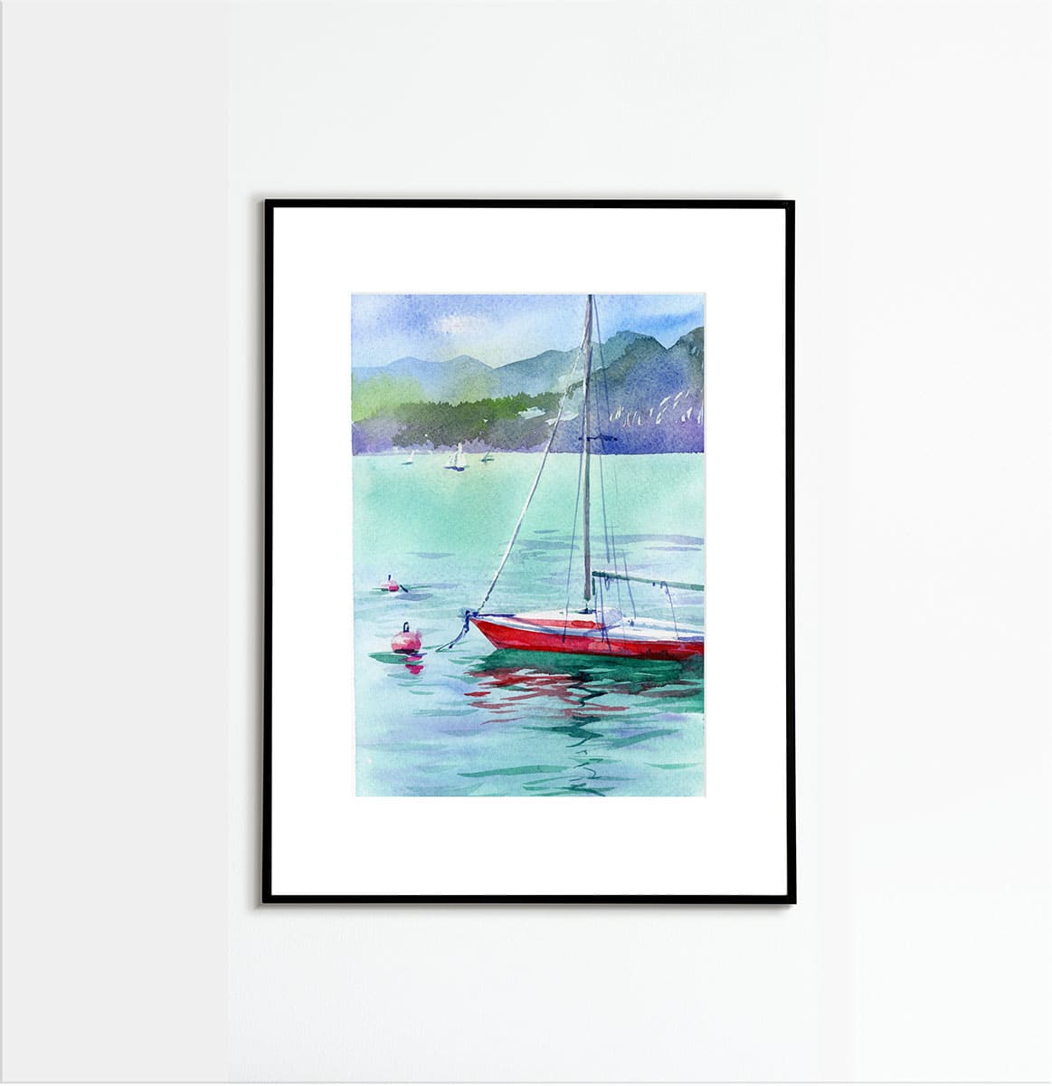 Lake Garda. Red boat. Framed watercolor painting. Italian landscape