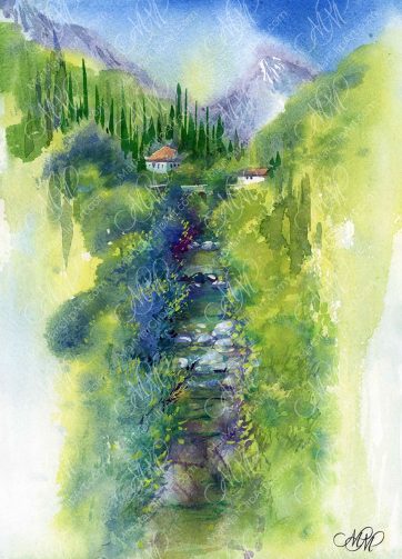 Valle delle Cartiere Watercolor sketch Italian landscape near Lake Garda