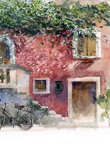 Pink house lit by the sun. Watercolor sketch. Digital printable file