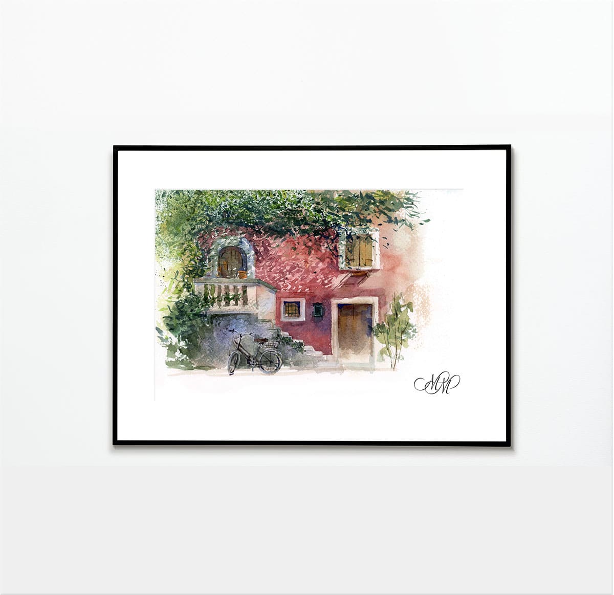 Pink house lit by the sun. Framed Watercolor sketch. Digital printable file