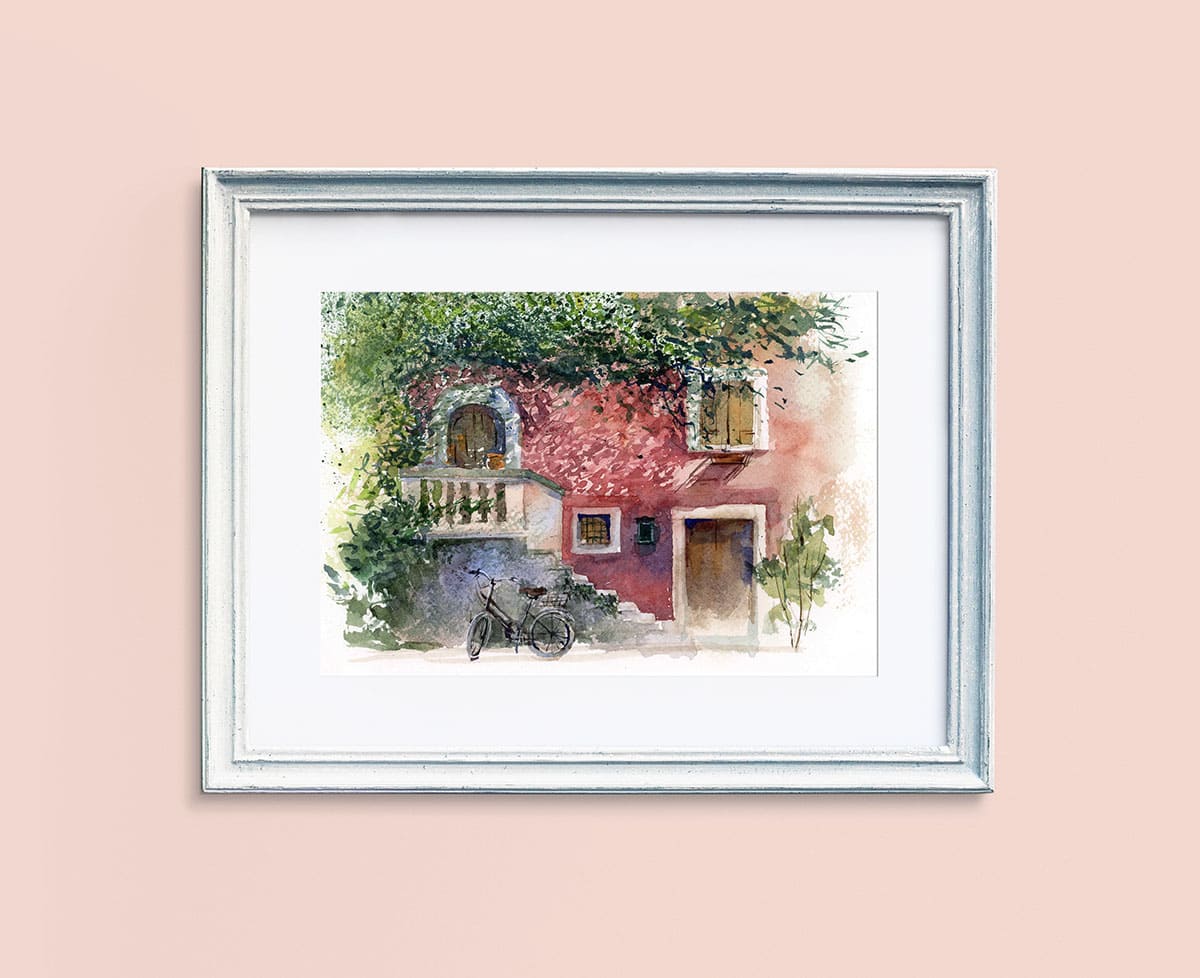 Pink house lit by the sun. Framed Watercolor sketch. Digital printable file