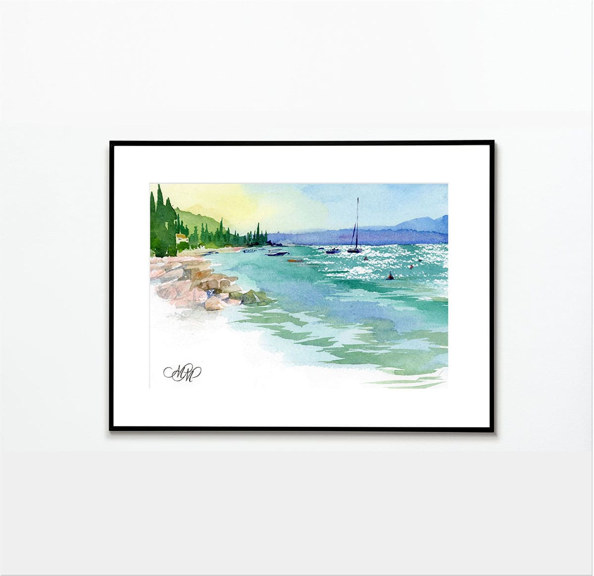 Summer Lake Garda. Framed watercolor sketch