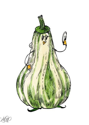 Green Pumpkin. Funny character. Watercolor and black ink illustration