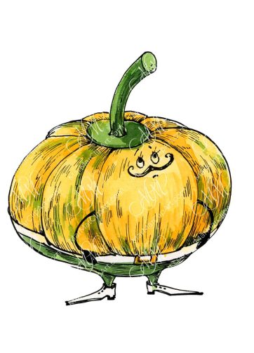 Signore Pumpkin. Funny character. Watercolor and black ink illustration