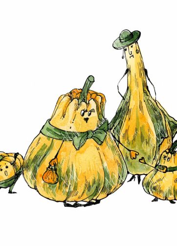 4 pumpkins funny characters. Watercolor and black ink illustration