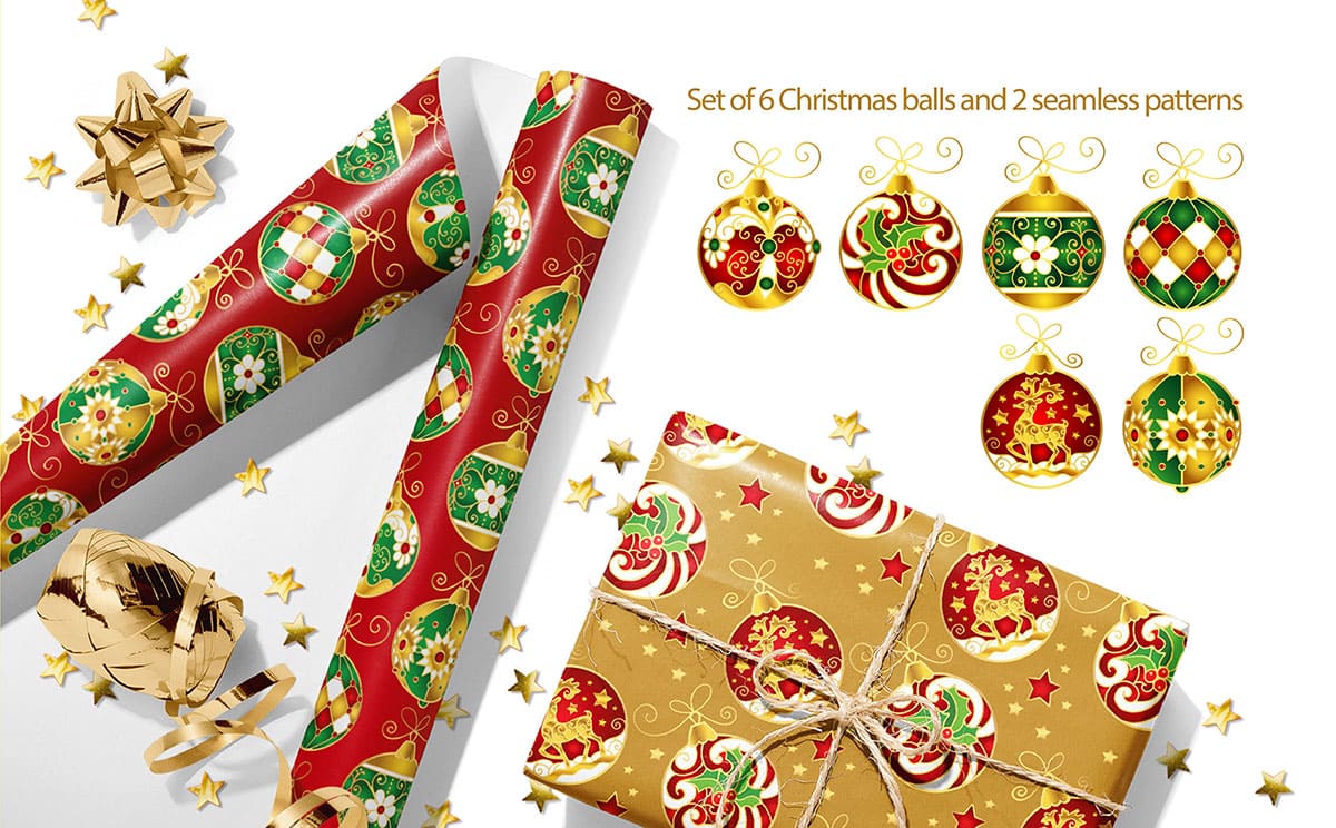 Set: Christmas balls and seamless patterns