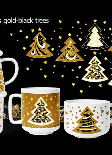 Set of 8 gold-black Christmas trees