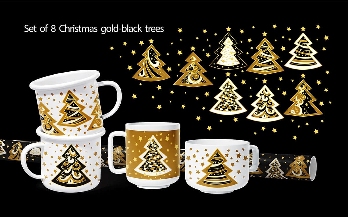 Set of 8 gold-black Christmas trees