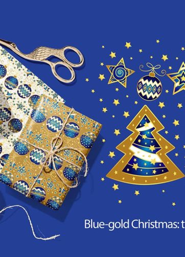 Blue-gold Christmas set: trees, stars and balls