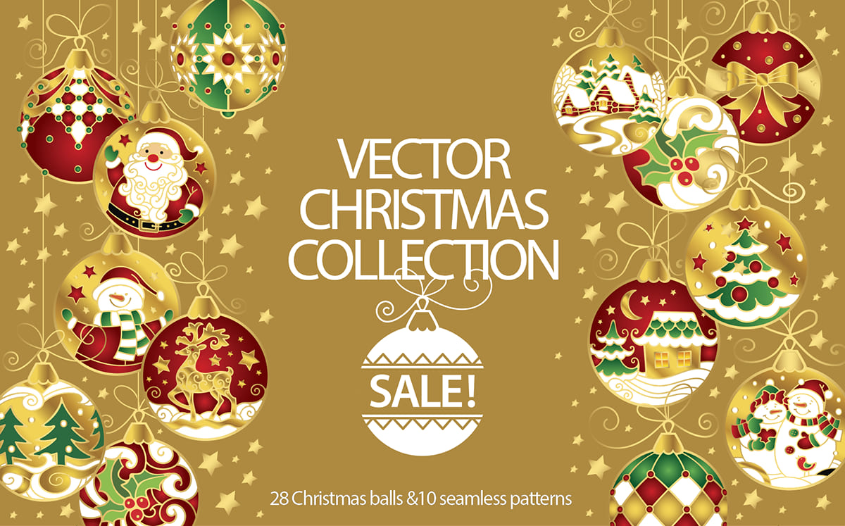 Vector Christmas collection: Christmas balls and seamless patterns