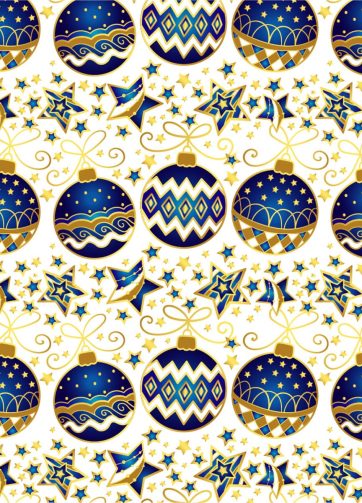 Seamless vector pattern: Christmas blue-gold balls and stars on white background