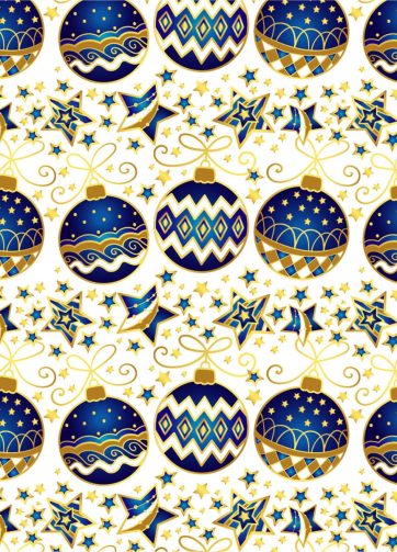 Seamless vector pattern: Christmas blue-gold balls and stars on white background