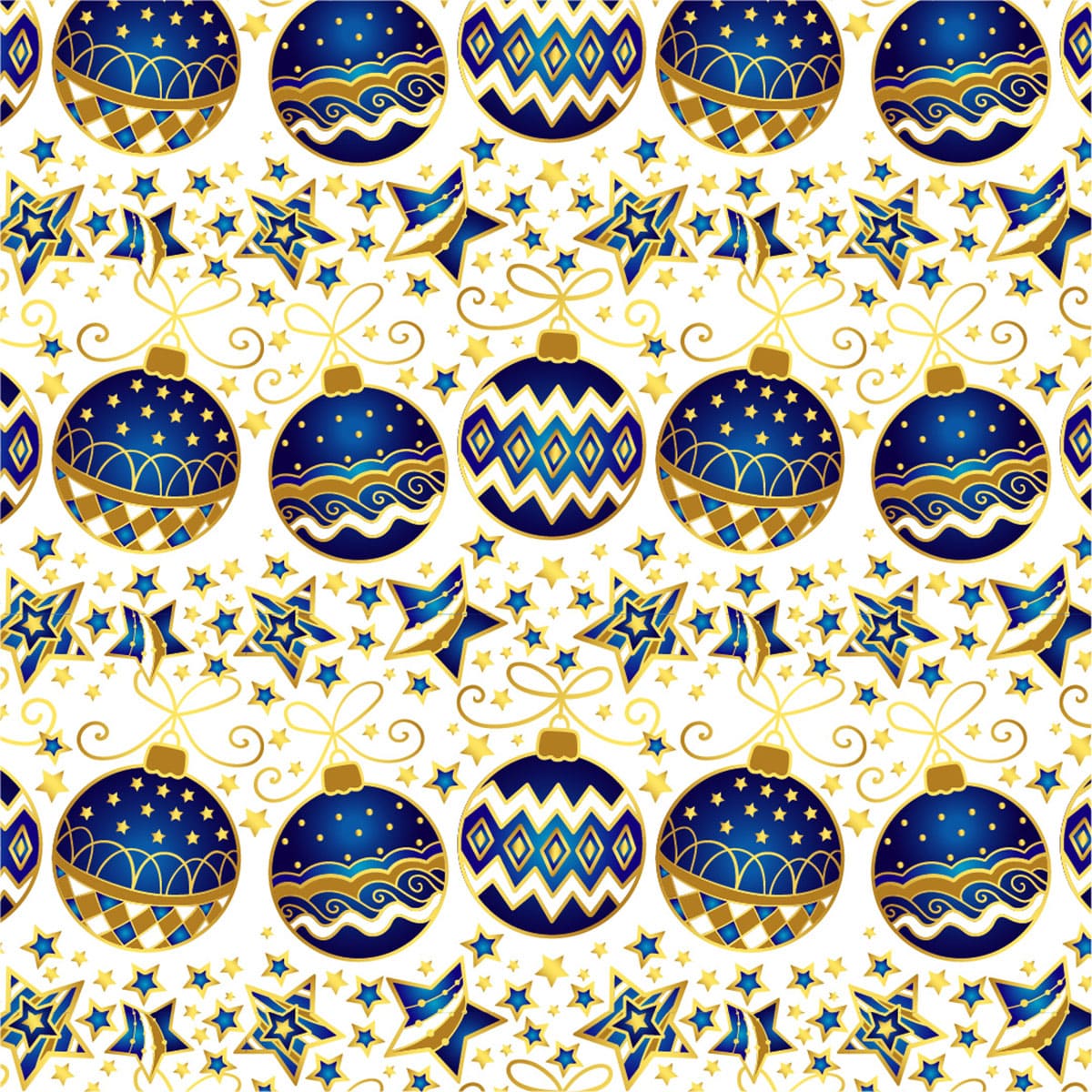Seamless vector pattern: Christmas blue-gold balls and stars on white background