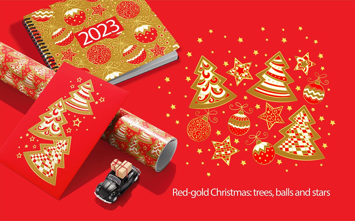 Red-gold Christmas set: trees, balls and stars