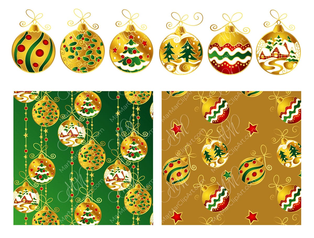 Set of Christmas balls and seamless patterns