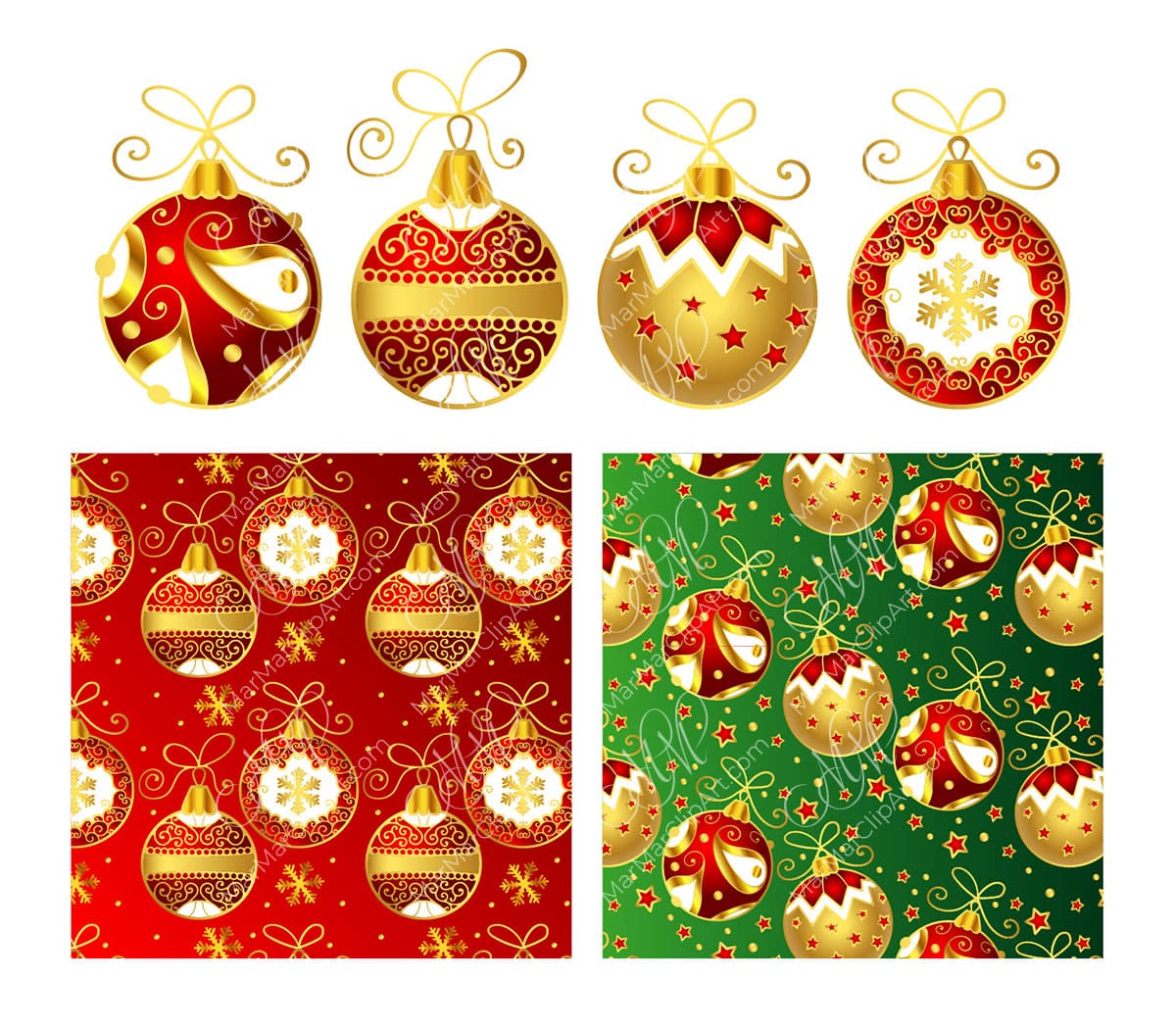 Set of 4 Christmas balls and seamless patterns