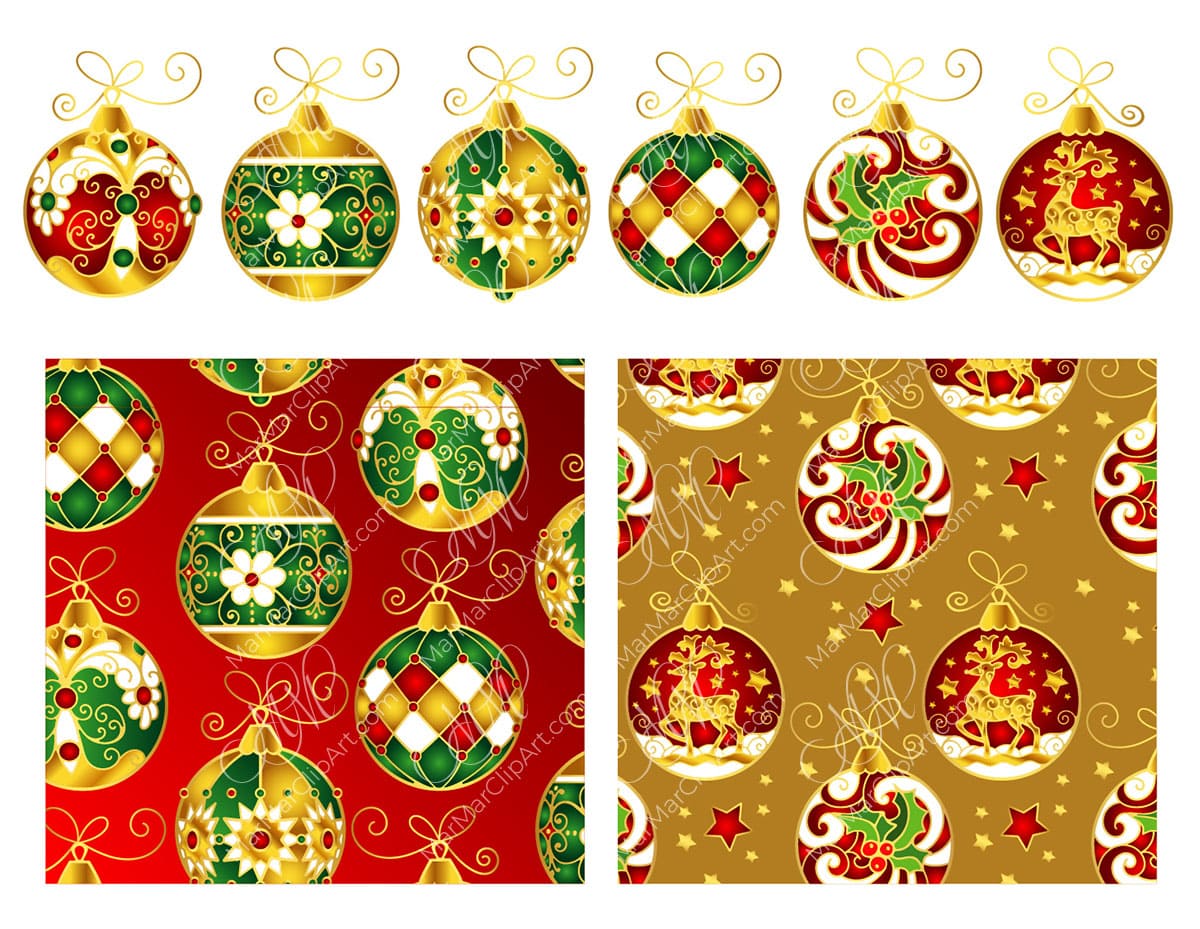 Set of Christmas balls and seamless patterns
