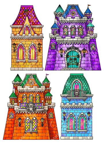 Set of 4 fairytale castles vector and pixel illustrations