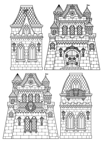 Set of 4 fairytale castles black white vector illustrations