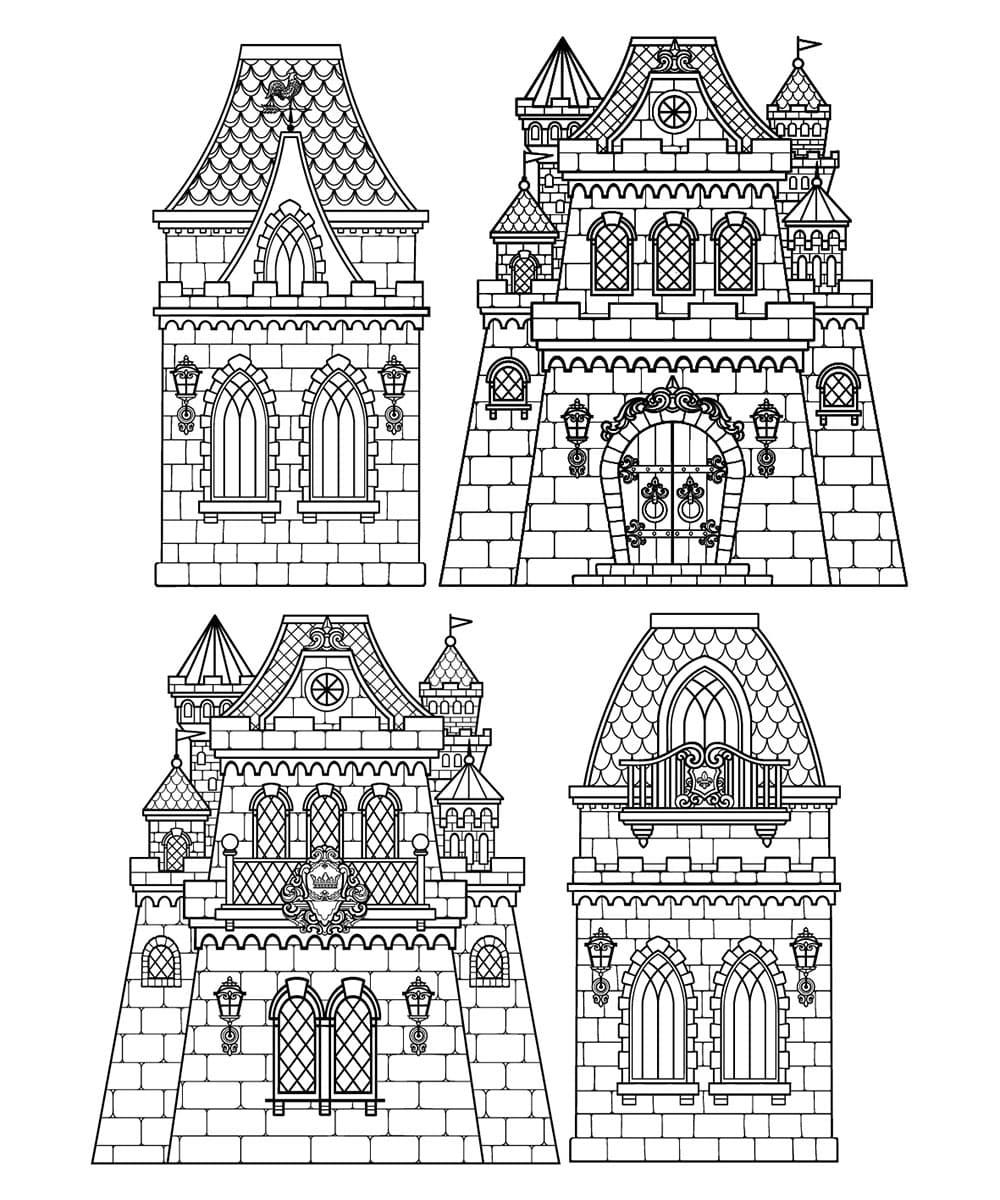 Set of 4 fairytale castles black white vector illustrations