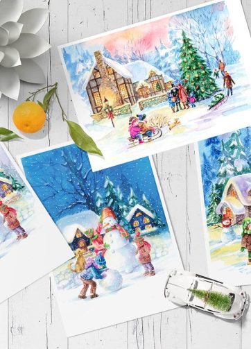 Set of watercolor illustrations "Christmas scenes"