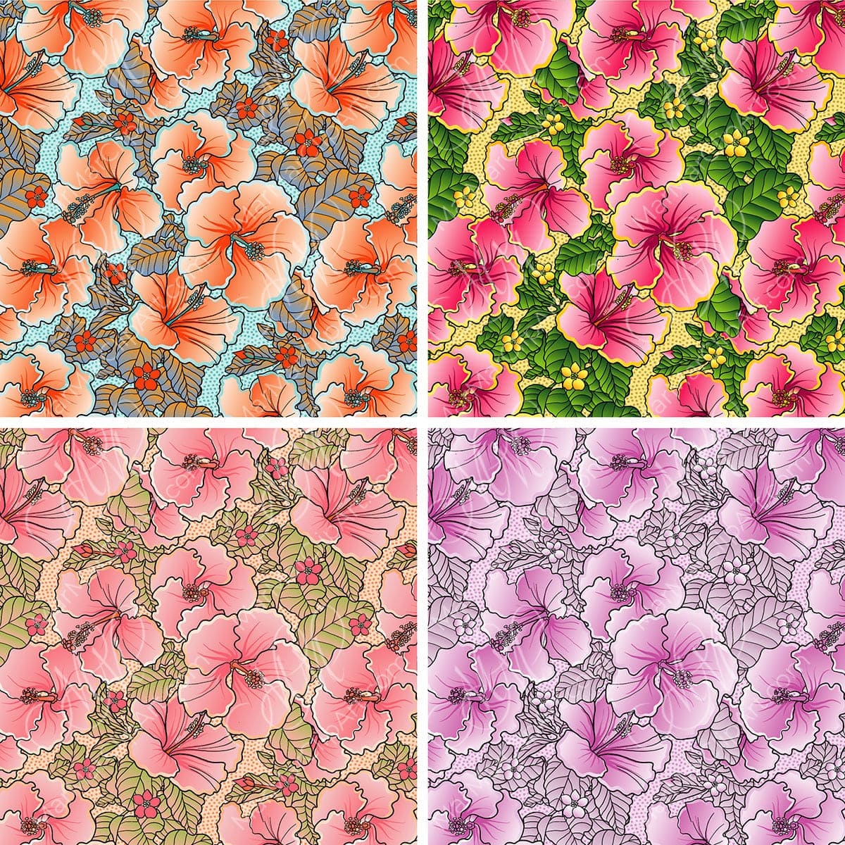 Hibiscus seamless pattern in 4 color options