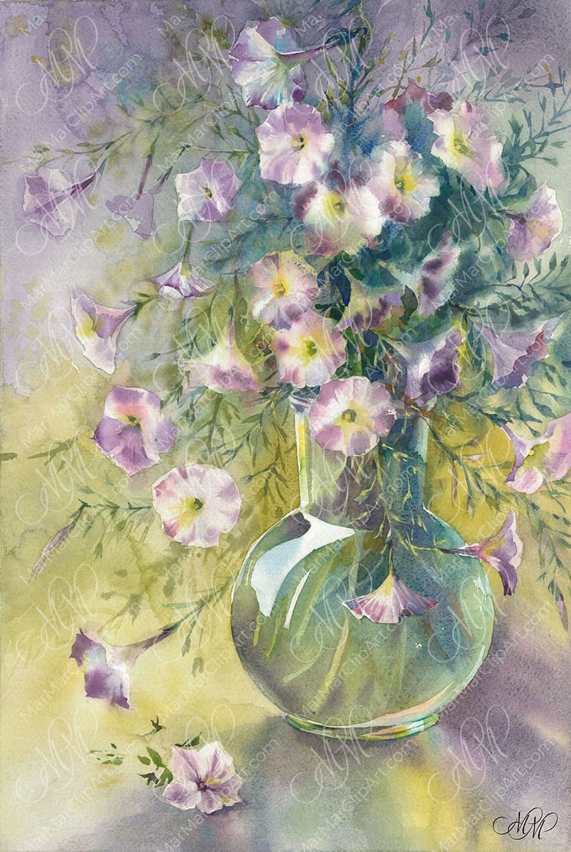 original watercolor painting bouquet of petunias