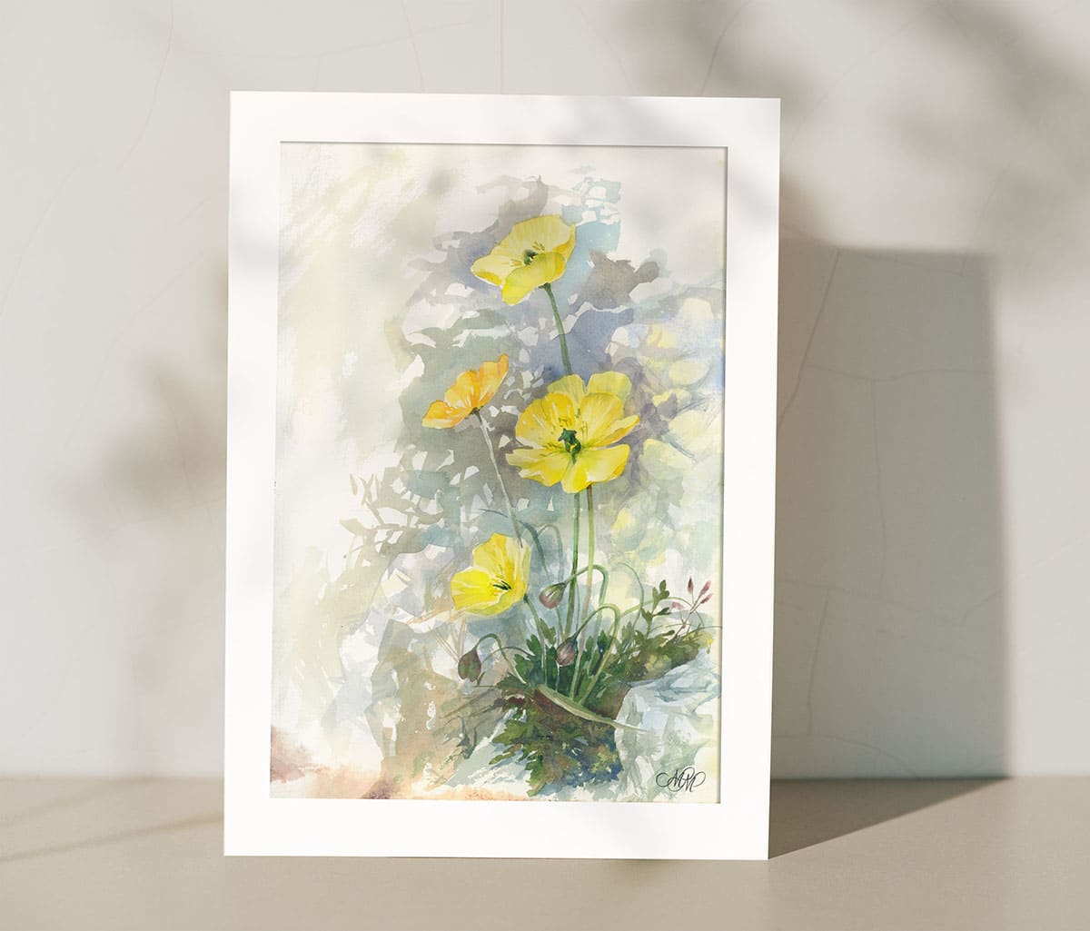 Yellow poppies. Framed watercolor painting