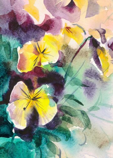 Fragment of watercolor painting Bouquet of pansies