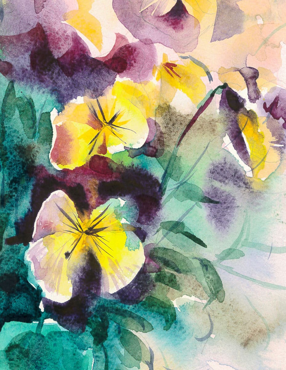 Fragment of watercolor painting Bouquet of pansies