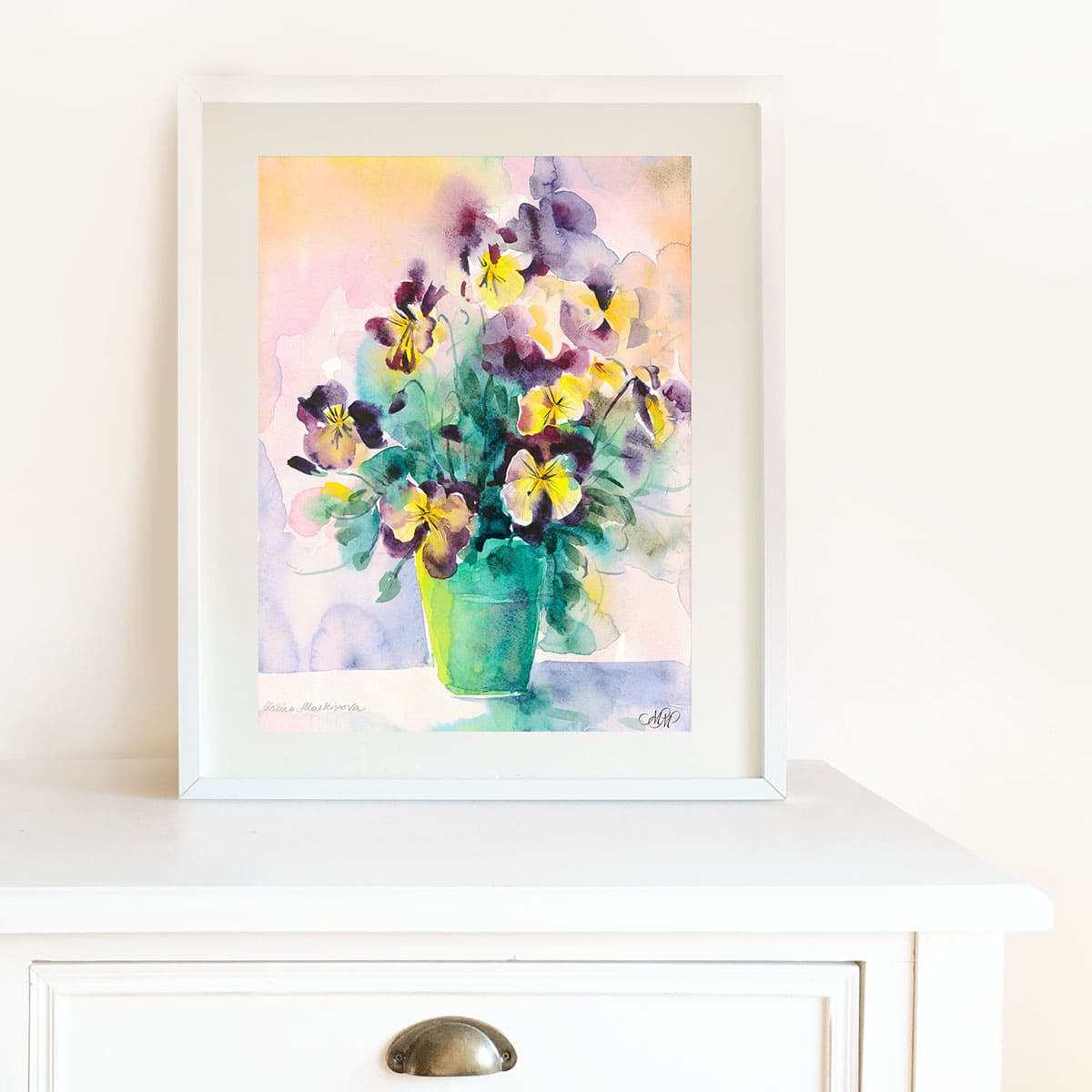 Bouquet of pansies. Framed watercolor painting for instant download