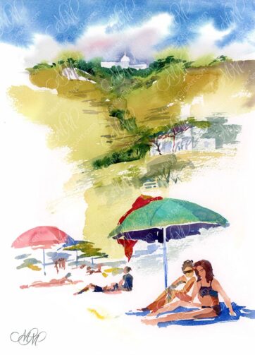 Sea sunny beach. Isle of Ischia. Watercolor sketch