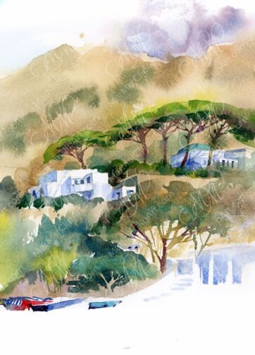Watercolor landscape "Ischia island" White house surrounded by Mediterranean pines