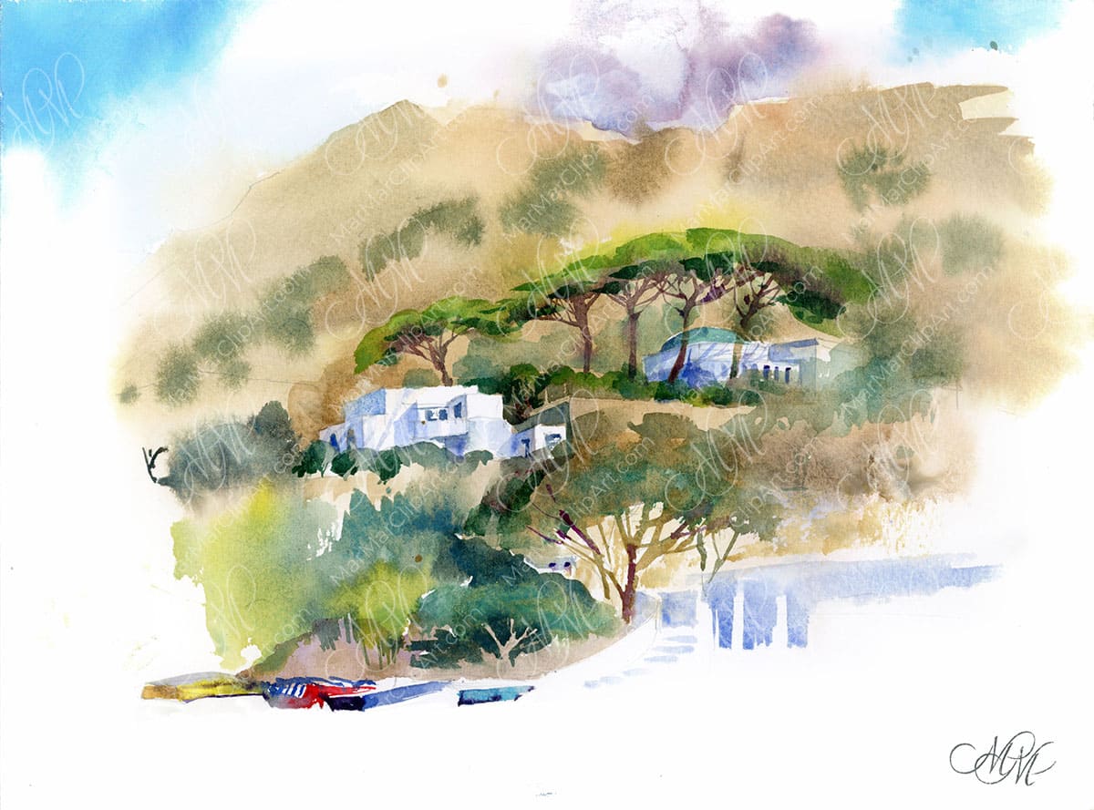 Watercolor landscape "Ischia island" White house surrounded by Mediterranean pines