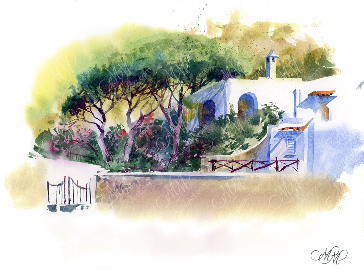 White house on the seashore Ischia. Watercolor landscape
