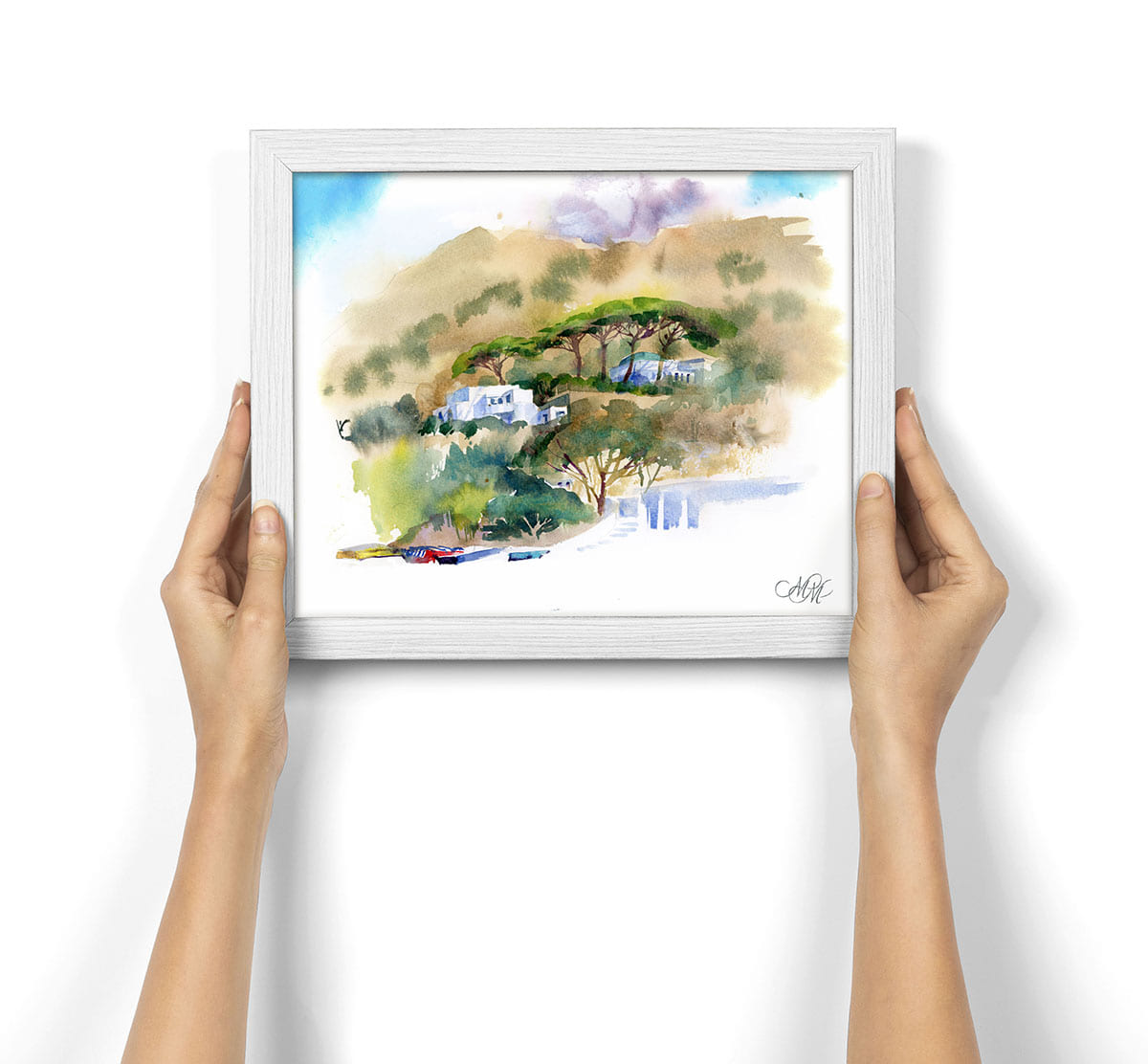 Framed Watercolor landscape "Ischia island"