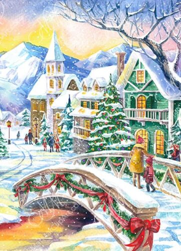 Festive charm of a Christmas village. Watercolor Christmas illustration