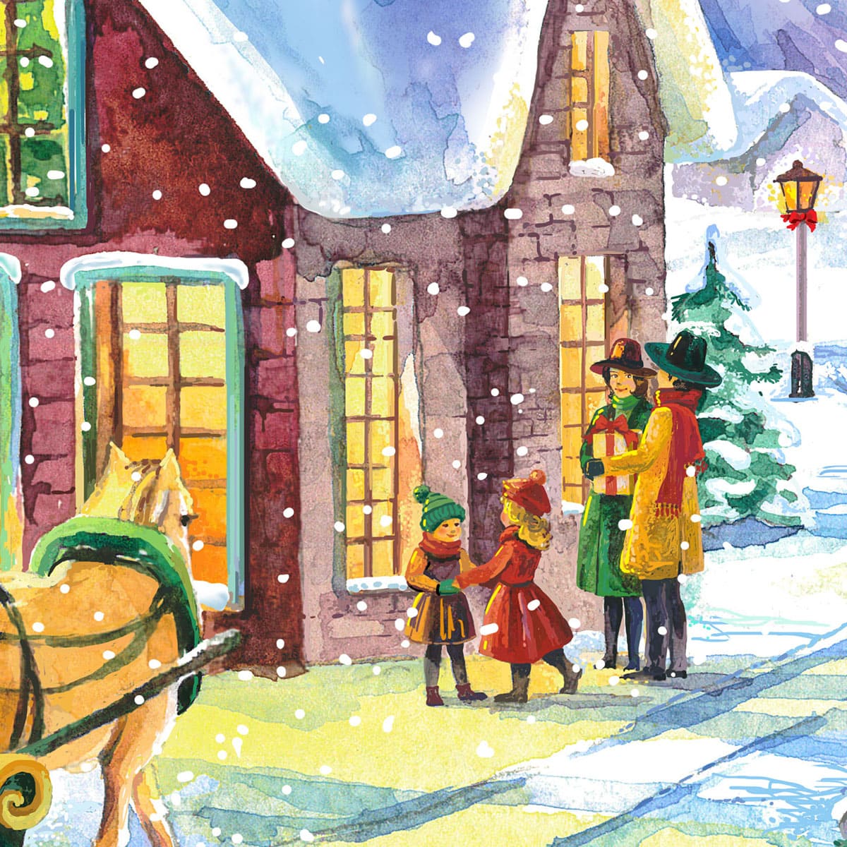 Festive charm of a Christmas village. Fragment of watercolor illustration