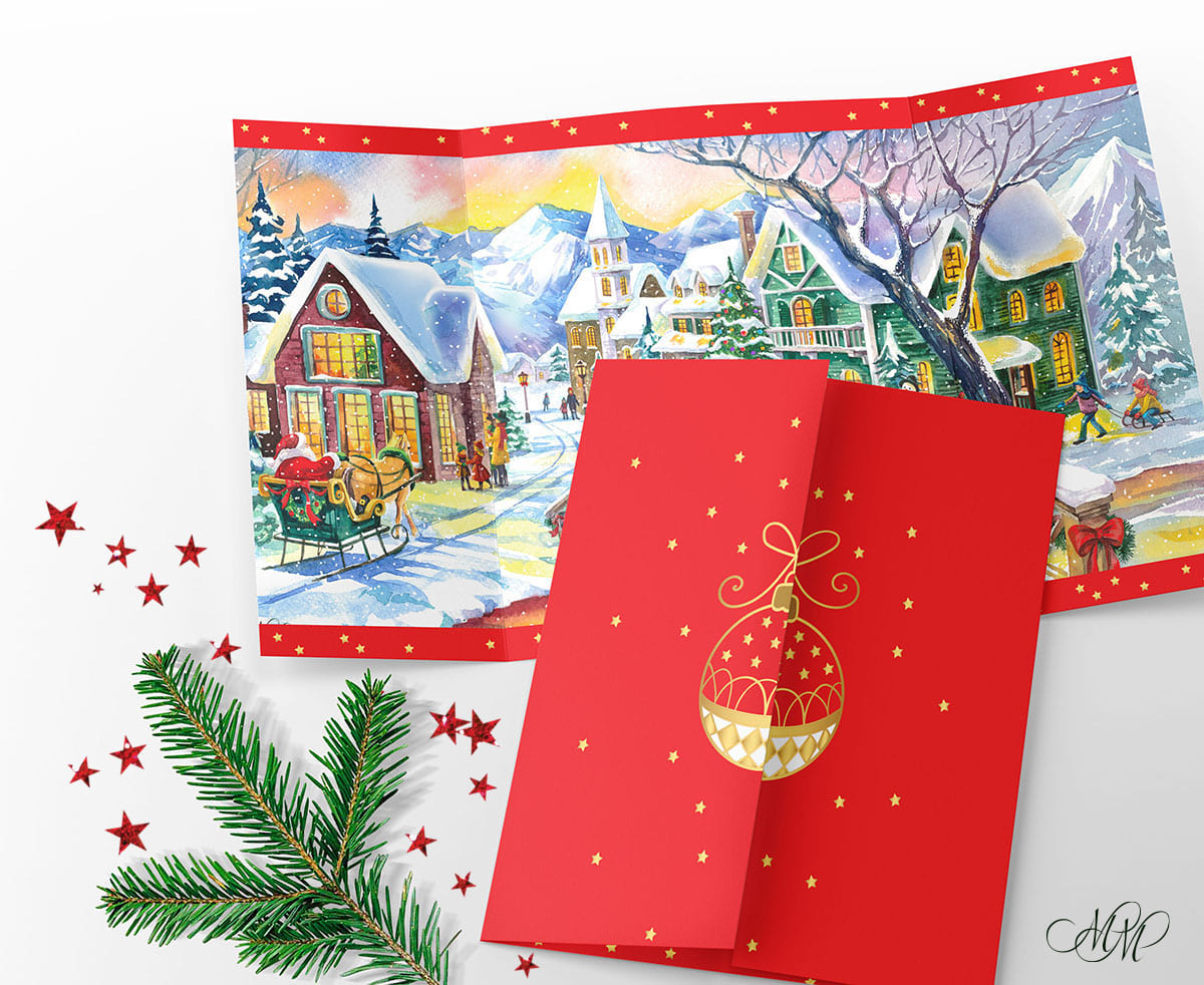 Watercolor Christmas village illustration. Christmas cards