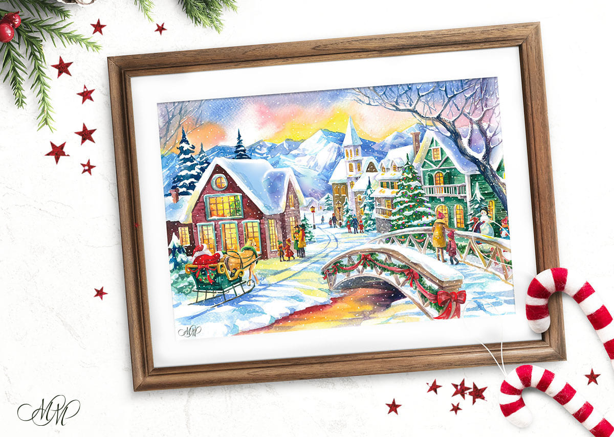 Christmas village. Watercolor illustration for home decorations