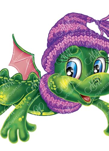 Little dragon in a knitted hat and scarf