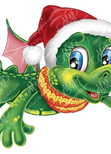 Funny little dragon in a Santa Claus hat. Digital illustration