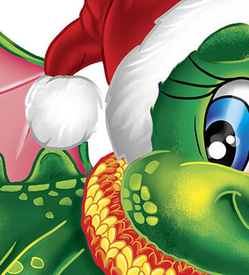 Funny little dragon in a Santa Claus hat. Fragment of Digital illustration