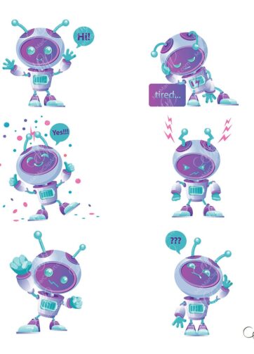 Cute robot mascot. Vector clipart set